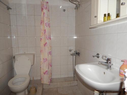 a bathroom with a toilet and a sink and a shower curtain at Small studio near the center of Tripoli in Tripoli