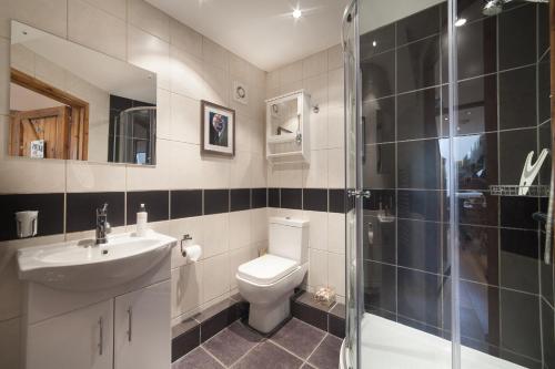 a bathroom with a toilet and a sink and a shower at Oak Tree Barn in Donyatt