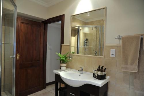 a bathroom with a sink and a mirror at Claires of Sandton Luxury Guest House in Johannesburg