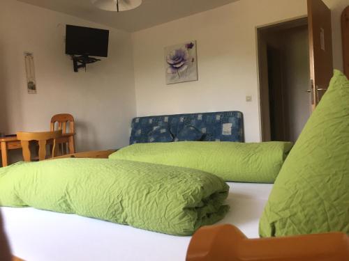 a bedroom with a bed with green sheets and a tv at Zur Einkehr in Fenken