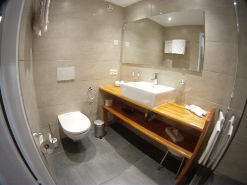 a bathroom with a sink and a toilet and a mirror at Alpenblick in Klosters