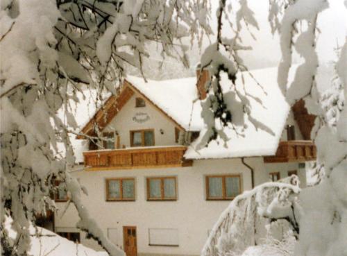 a house covered in snow in front at Landgasthaus Gemsennest in Feldberg