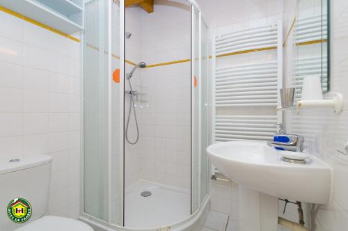 W łazience znajduje się prysznic, umywalka i toaleta. w obiekcie La Bardelière w mieście Corbelin