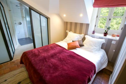 a bedroom with a large bed and a shower at B&B Vassy Etaule in Avallon