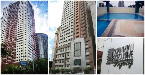 a collage of images of tall buildings and a pool at Leons Den is a long term accomodation of atleast 1 month stay in Manila