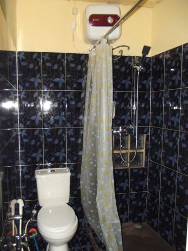 a bathroom with a toilet and a shower curtain at Bule Homestay Cianjur in Cianjur
