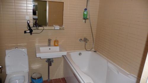 a bathroom with a sink and a tub and a toilet at Apartments Rotermanni in Tallinn