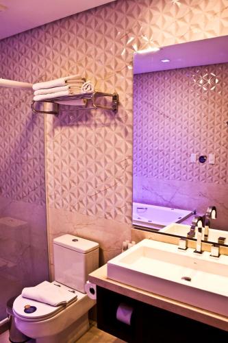 a bathroom with a sink and a toilet and a mirror at Blue Hill Hotel in Timbó