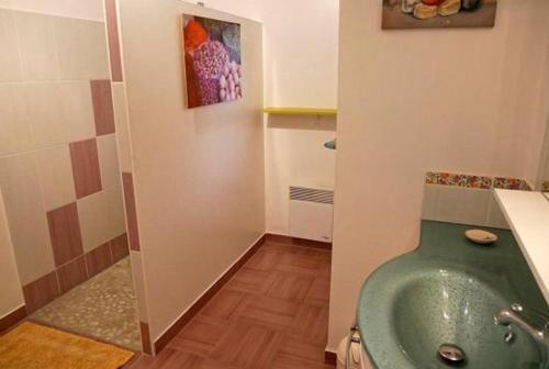 ポールバイユにあるGite Lavandesのバスルーム(緑のトイレ付)が備わります。