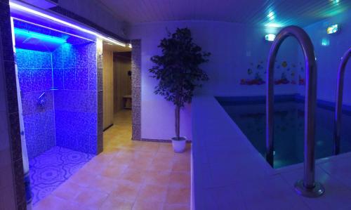 baño púrpura con ducha y maceta en Grad Hotel, en Cherepovets