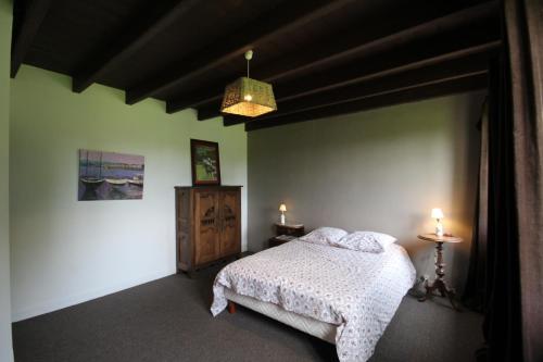 een slaapkamer met een bed en een hanglamp bij Propriété à 5 km de Honfleur in Fourneville