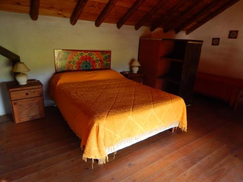 1 dormitorio con 1 cama y suelo de madera en Aire del Cerro en Capilla del Monte