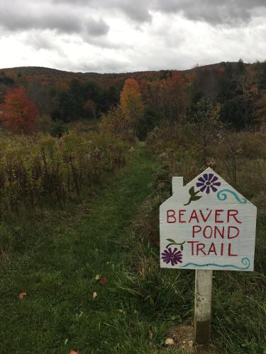 a sign for a beaver pond trail in a field at Wind in the Willows Overnight in Jefferson