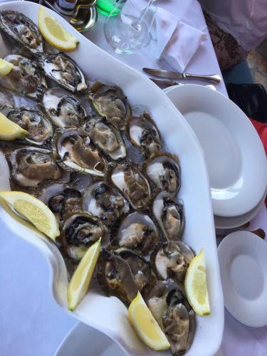 a plate of oysters on a table with lemon slices at Apartments Stermasi in Saplunara