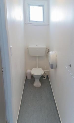 a white bathroom with a toilet and a window at Downtown Backpackers & Accommodation in Nelson