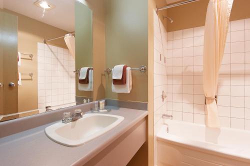 a bathroom with a sink and a mirror at Fernie Slopeside Lodge in Fernie