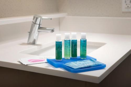 a bathroom sink with toothbrushes and a toothpaste at Holiday Inn Express Andover North - Lawrence by IHG in Lawrence