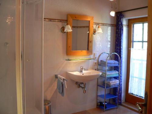 łazienka z umywalką i prysznicem z lustrem w obiekcie Haus Enzian w mieście Seefeld in Tirol