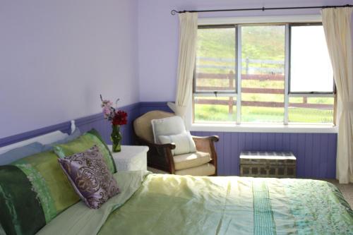 um quarto com uma cama, uma cadeira e uma janela em Kahurangi Cottage Wilderness Retreat em Stanley Brook