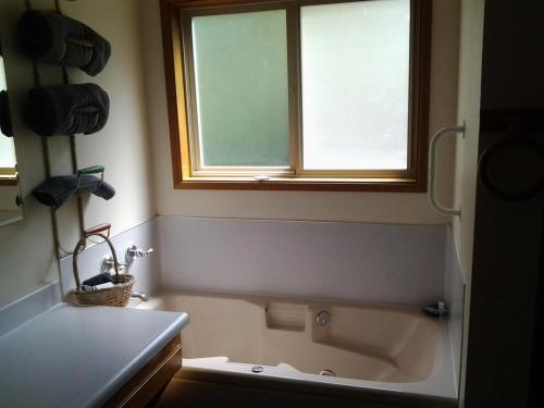 a bathroom with a bath tub and a window at A Relaxing Getaway SolDuc 1 in Forks
