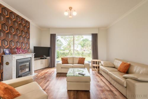 a living room with two couches and a fireplace at Holiday home Zelenachten in Zele