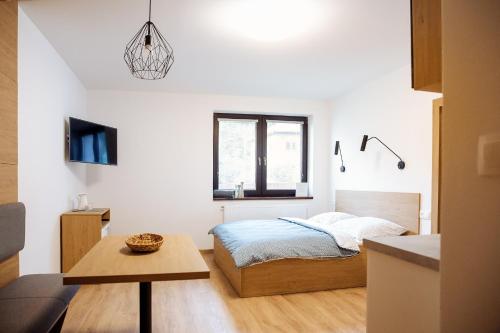 um quarto com uma cama e uma mesa em Apartmány Na Čtvrtích em Dolní Bečva