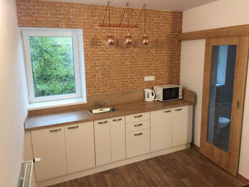 a kitchen with a counter with a microwave and a window at Penzion Eden Turnov in Turnov