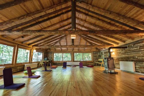 a room with purple pilates equipment in a building at Hindiba Doga Evi in Mengen
