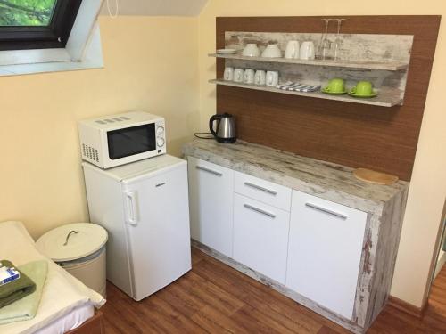 a small kitchen with a microwave on top of a counter at Penzion Eden Turnov in Turnov