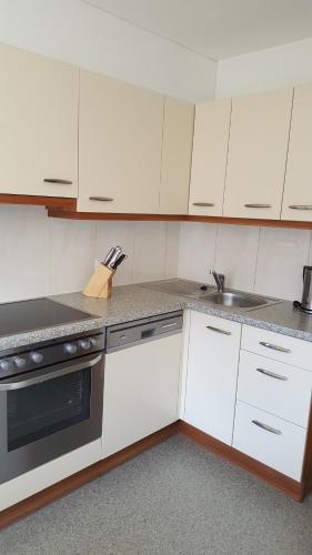 a kitchen with white cabinets and a sink at Glaserhof in Gerlosberg