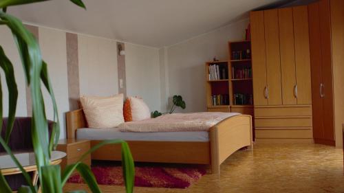 a bedroom with a bed and a book shelf at Ferienhaus Stadio in Angermünde
