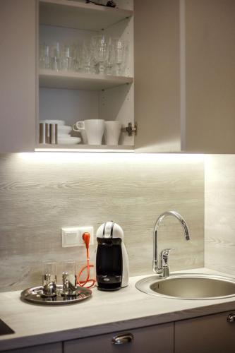 a toaster sitting on a kitchen counter next to a sink at Old Town Trio Apartments in Vilnius