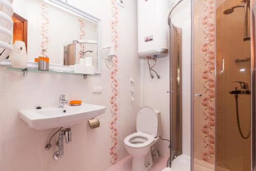 y baño con aseo, lavabo y ducha. en Villa Provans en Tatariv