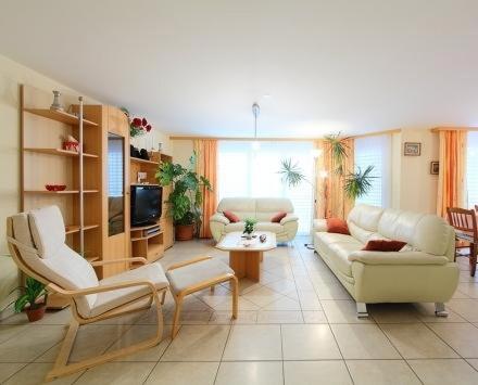 a living room with two couches and a tv at Haus Orta in Zermatt