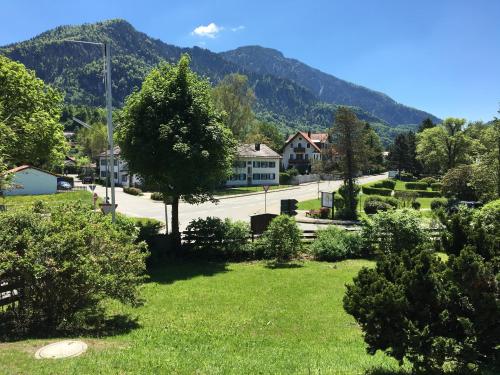 a view of a town with a tree and a street at Berg Blick Jugendherberge mit Privatzimmer in Kochel