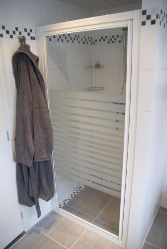 a shower with a glass door in a bathroom at Bed and Breakfast de Verwennerij in Ermelo