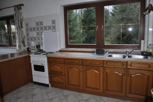 een keuken met een wastafel, een fornuis en een raam bij Ferienhaus Weber in Glashütte