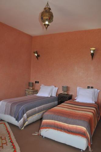 two beds in a bedroom with orange walls at Aftas Trip in Mirleft