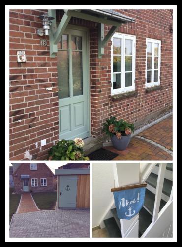 a collage of pictures of a brick building with a door at Haus Charlotte in Fehmarn