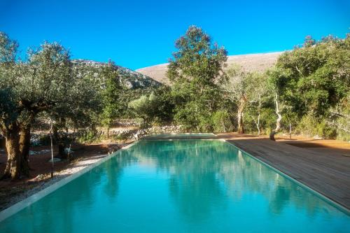 une piscine d'eau bleue et d'arbres dans l'établissement Cooking and Nature - Emotional Hotel, à Alvados