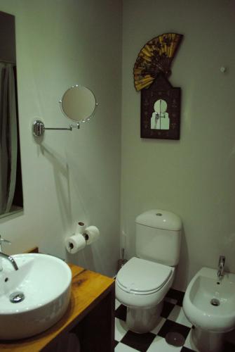 a bathroom with a toilet and a sink and a mirror at El Lacayo de Sestiello in Grado
