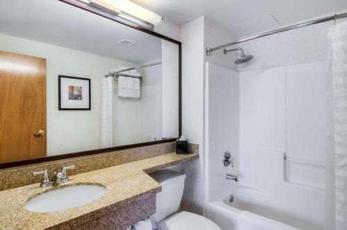 a bathroom with a sink and a toilet and a mirror at Hyatt House Chicago Schaumburg in Schaumburg