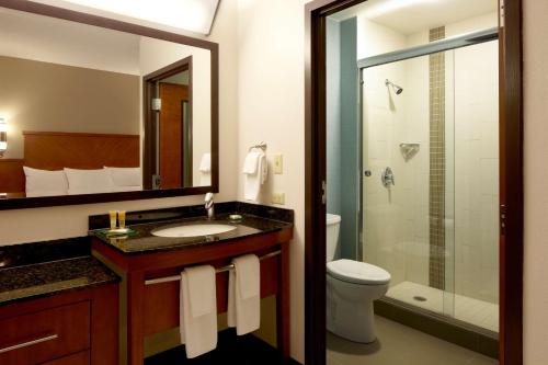 W łazience znajduje się umywalka, toaleta i prysznic. w obiekcie Hyatt Place Chicago - Lombard/Oak Brook w mieście Lombard