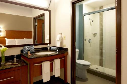 La salle de bains est pourvue d'un lavabo, de toilettes et d'une douche. dans l'établissement Hyatt Place Sterling Dulles Airport North, à Sterling