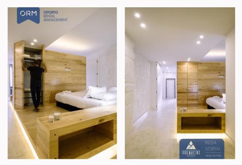 two images of a bedroom with a bed and a mirror at ORM - Ribeira Apartments in Porto