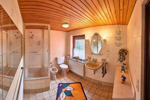 a bathroom with a tub and a sink and a toilet at Ferienwohnung Schulze in Freital