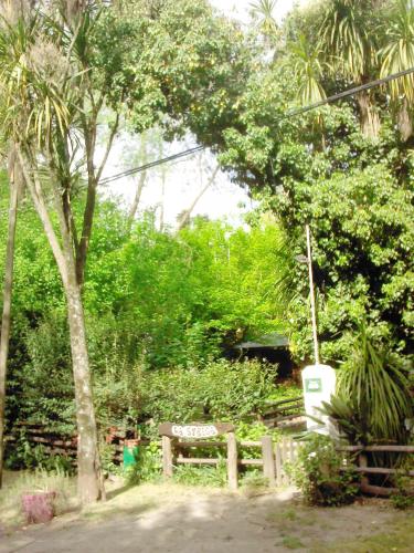 a park bench in a garden with trees and bushes at Cabaña La Strega in Tandil
