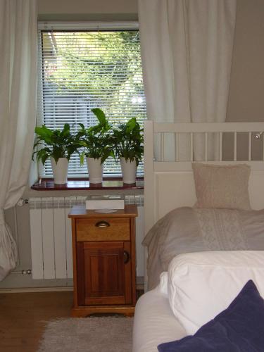 a bedroom with a bed and a window with potted plants at Ranczo w Dolinie Karpia - blisko "Energylandii" Zator in Spytkowice
