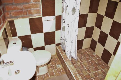 La salle de bains est pourvue d'une douche et de toilettes. dans l'établissement Hosteria Kindi Wasi, à Puyo