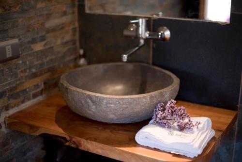 a bowl sink on a wooden counter in a bathroom at Punta Ballena Lodge in Pichilemu